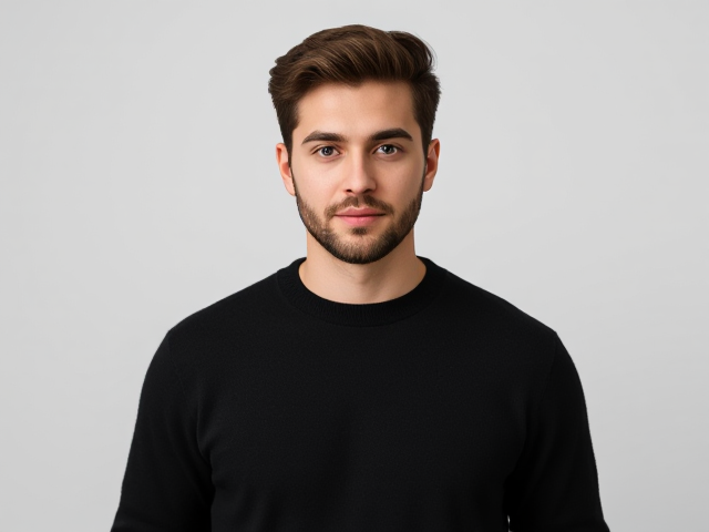 un bel homme jeune realiste avec un pull noir dans un fond blanc de studio