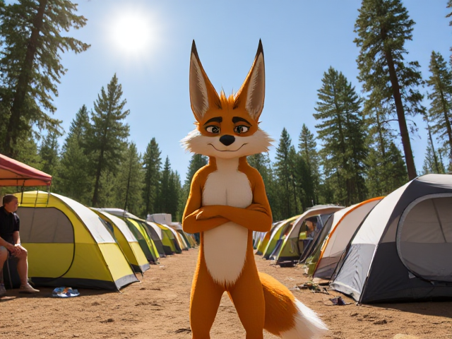 Miles Tails Prower, the Two Tailed anthropomorphic fox, standing in a public campground, sweating heavily under the hot sun, background filled with tents and campers