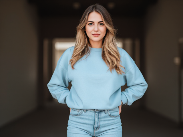 Brunette wearing a light blue sweatshirt and light blue jeans