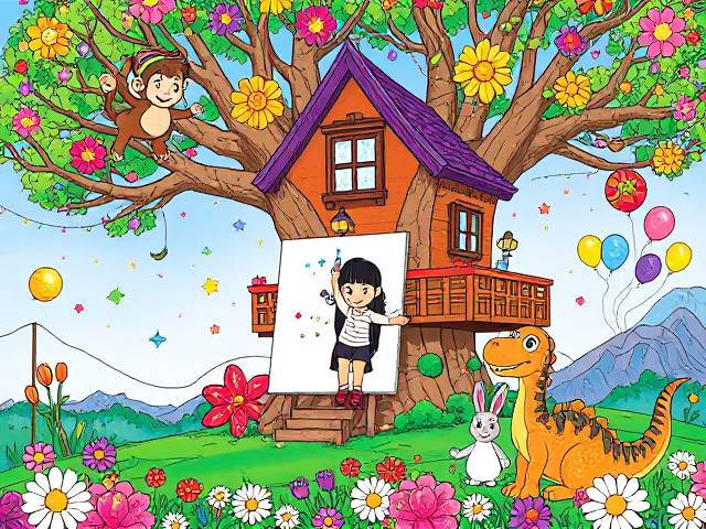 Create an enchanting cover for a toddler's coloring book that invites children into a magical adventure. Picture a colorful treehouse nestled in a vibrant, oversized tree, its branches adorned with bright, oversized flowers and playful, sparkling fairy lights. In front of the treehouse, a cheerful cartoon girl with rainbow-colored hair is joyfully painting a giant canvas, surrounded by a lively cast of adorable animals.

A mischievous monkey swings from the branches above, tossing colorful paint splatters that fall like confetti. Below, a fluffy bunny is playfully jumping through a patch of dazzling daisies, while a tiny, curious dragon with shimmering scales peeks out from behind the tree trunk, its eyes wide with excitement.

In one corner, a friendly dinosaur with big, expressive eyes is sitting down, carefully holding a crayon in its tiny claws, ready to join the fun. Surrounding the scene are floating, sparkling stars and colorful balloons drifting through the air, creating an atmosphere of joy and creativity.

The entire design should be bursting with vivid colors and whimsical details, enticing young children and their parents with a sense of adventure and imaginative play. This magical cover will ignite a passion for creativity in every child, making them eager to explore the colorful world within the book.