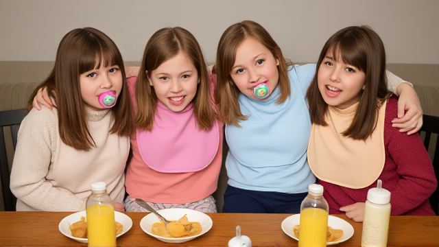 Quatre jeunes filles adolescentes aux cheveux lisses et dégagé et de différentes couleurs a l'avant assis a table  avec de la nourriture pour bébé et des biberons avec des grands bavoirs de différentes couleurs et des tétines en bouches elles ont des pull de différentes couleurs que les Bavoirs et avec des pantalons elle se font un gros câlin