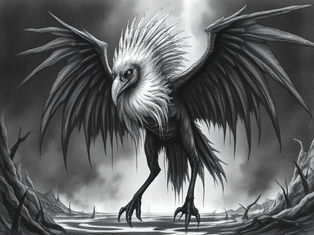 Graceful Scary Ancient fantail bird godly monster with the powers of death