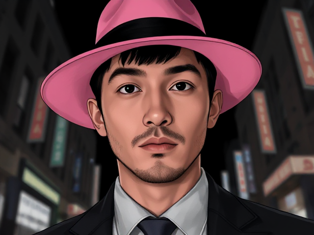 A gentlemen in a pink hat full body black and white way zoomed out