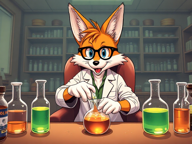 Tails theTwo tailed anthropomorphic fox, sitting in chair in a chemistry lab wearing a lab coat and nerd glasses, very carefully pouring one potion into another by hand at a science table while sticking his tongue out slightly to one side hoping not to explode and end up with ash on his face