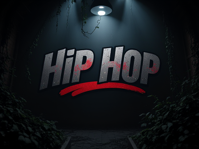 Logo hip hop sombre avec une palette de couleurs audacieuses et contrastées, style old school avec typographie rétro et patine vieillie, empreinte forte mettant en avant la culture urbaine, design rétro intégrant des éléments graphiques du graffiti tels que des lettrages stylisés et des textures éclatantes, incorporation de figures dynamiques de breakdance capturant le mouvement et l'énergie