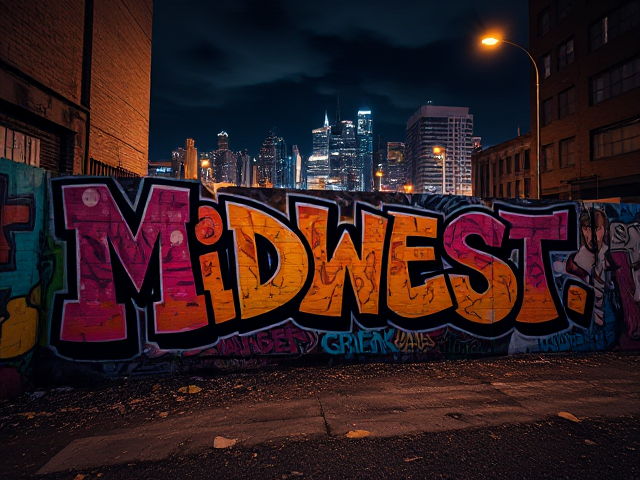 album cover for a hip hop group, vibrant urban landscape, intricate and detailed graffiti art with bold colors, Midwest Graffiti displayed in dynamic and stylized graffiti typography with separated words, expansive city skyline in the background, moody nighttime setting with glowing street lights illuminating the scene, energetic and edgy style, highly detailed textures and shadows throughout, strong atmospheric depth