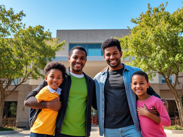 un couple afro américain avec leurs enfants souriants et heureux, debout devant l'école en période de rentrée des classes, vêtements colorés et variés, atmosphère joyeuse et ensoleillée, école moderne et propre avec une architecture attrayante, arbres verdoyants autour de l'école, ciel bleu sans nuages, lumière naturelle vive mettant en valeur les détails des vêtements et des visages, décorations festives à l'entrée de l'école
