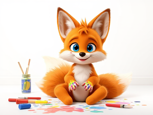 A very cute and young depiction of Miles "Tails" Prower, the Two-Tailed fox, with fluffy fur and a vibrant orange coat, sitting on his butt in a blank white room. Around him are various paint and painting utensils scattered as he playfully attempts to make art with his hands. Tails has different colors of paint splattered over his fur, with colorful smudges on his cheeks and paws. His big blue eyes are filled with joy and excitement as he creates his masterpiece. The room has a soft shadow effect to give depth to the scene