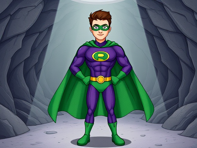 Cartoon scene: A young, Autistic 25-year old boy with light skin and flat, smooth, and slick brown hair named T.J. Granger, but transformed into a genetically-altered superhero named Powerman, who, despite still being a young adult kid, has an extremely muscular body. He wears a sleek purple suit with a green P symbol on his chest, a gold belt with a circular buckle, green briefs, green boots, green long-cuffed gloves, a really big, toe-length long, ultra-wide green cape wreathed around his neck, and a green eye mask that protects his true identity. He also has incredible and invincible superpowers flowing through his veins. In this scene, Powerman is currently standing in his secret high-tech underground lair, awaiting a call from his masters about his next mission.