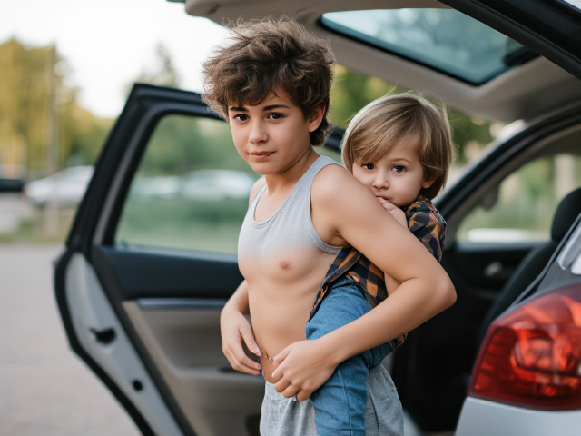 skinny teenage boy with fluffy hair carefully carrying younger brother to the car