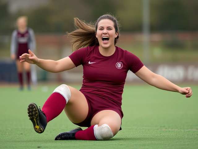 Beautiful forty-something field hockey woman in burgundy uniform with knee pads flailing on the ground in hysterical laughter