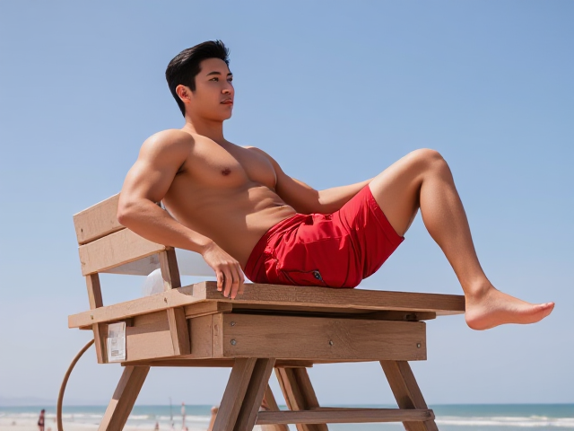 A sunny beach scene at 10 AM, featuring a classic lifeguard tower prominently in the foreground. A confident Japanese-American male lifeguard lounges atop the tower, his chiseled, muscular physique glistening in the bright sunlight. His well-defined abs and bulging biceps are showcased as he wears fitted red lifeguard shorts that emphasize his strong thighs and toned legs. He gazes intently out over the ocean, yet there's a hint of awareness about the admiring looks from beachgoers below. His pose is intentionally striking, inviting admiration for his sculpted body