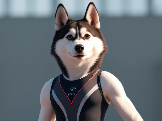 A anthropomorphic Siberian husky Olympic gymnast wearing a leotard
