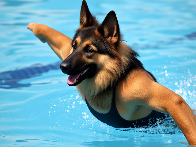 A anthropomorphic long haired German shepherd Olympic swimmer, stretching while wearing a one piece swimsuit and swimming goggles
