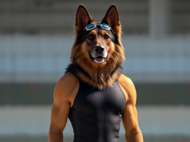 A anthropomorphic long haired German shepherd Olympic swimmer standing tall, while wearing a one piece swimsuit and swimming goggles