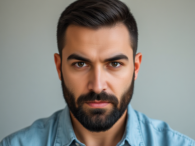 Add a so serious-looking man with serious eyebrows positioned at the center of the image. shows complete man  image . He should have short, neatly trimmed dark hair and a full beard, with a focused expression that conveys determination and intensity. His facial features should be well-defined, with soft lighting creating highlights on his cheekbones, forehead, and nose. Ensure his skin tone looks natural with realistic shading. The man should wear a light blue denim shirt with visible creases for a casual yet professional look. Add a slight glow or outline around him to separate him from the background and make him the focal point.