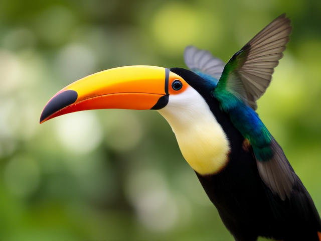 A  tucan with its beak closed and peacock chirping in flight