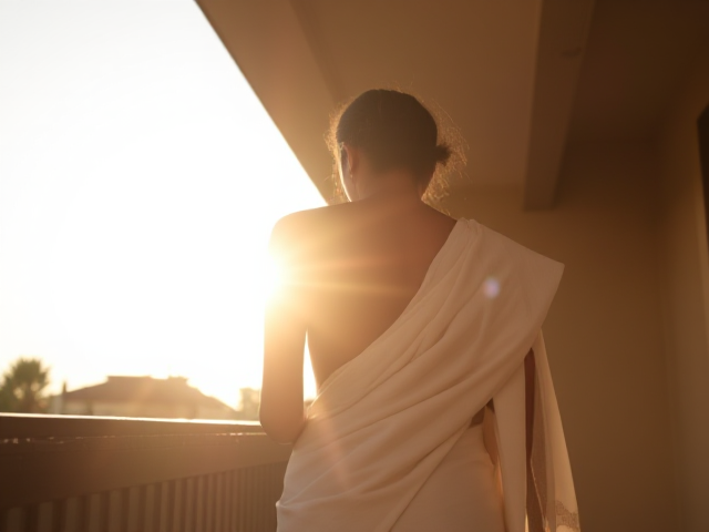 A skinny Indian woman's back turned on a balcony with a white saree on