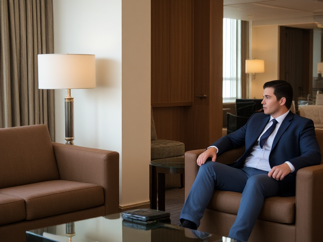 Brunette wearing a light blue coat and light blue jeans alone in a hotel meeting on couches  with a strange businessman