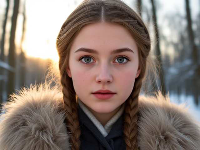 Vikikng, teen girl, light green eyes, braided light brown hair, freckles, in a snowy forest wearing furs