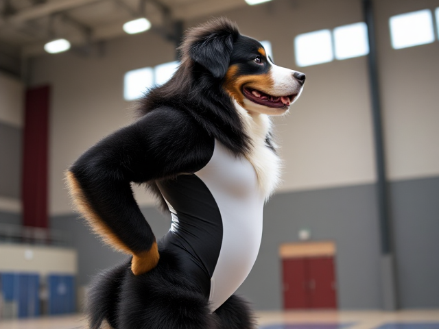 Bernese mountain dog with strong hips, wearing a gymnastics leotard, inside a gymnasium, dynamic pose, vibrant lighting, detailed fur