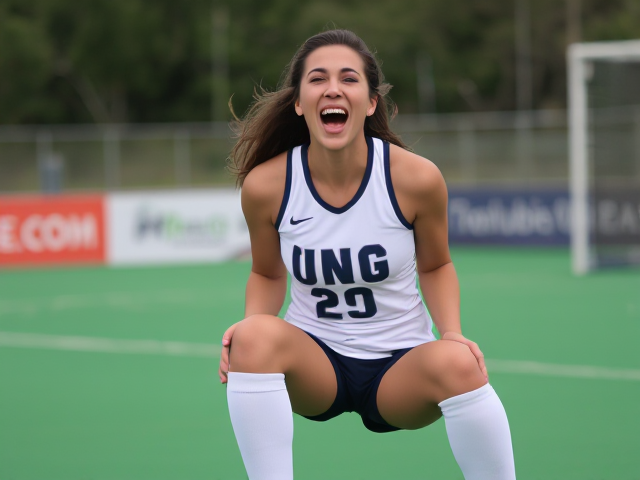 Beautiful short forty-something semitic brunette field hockey player in thigh high socks laughing uncontrollably and hysterically with a surprised smile