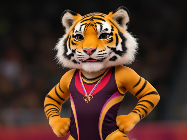 A anthropomorphic tiger Olympic gymnast wearing a leotard