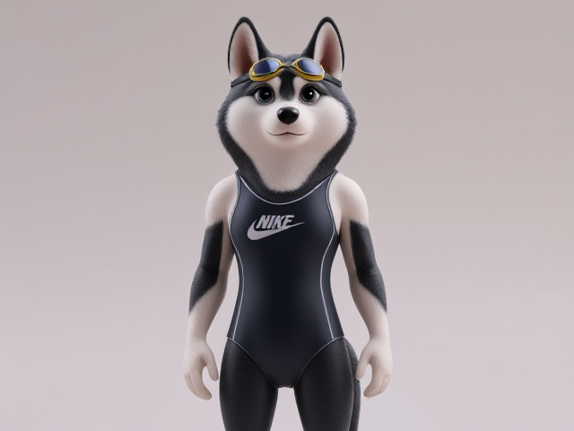 A tall Siberian Husky with a long torso and broad shoulders wearing a high cut Nike one piece swimsuit and swimming goggles