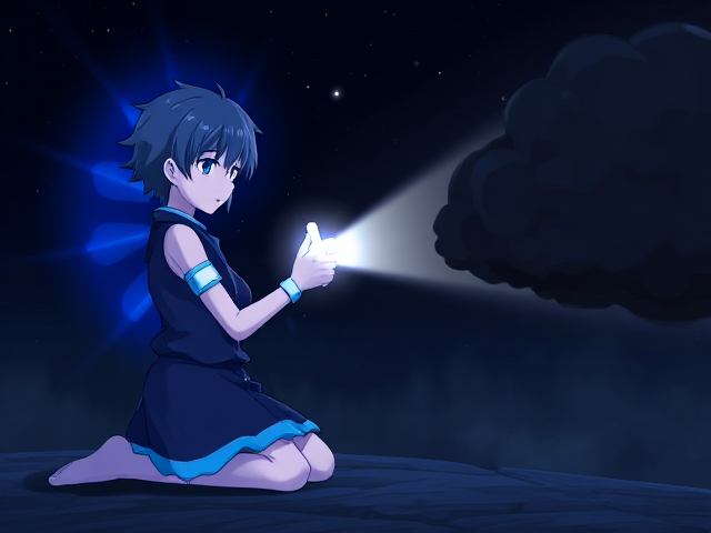 A kneeling anime character with blue rings and a radiant deep blue aura holding a glowing mini cross, illuminating it towards a dark black cloud on the right