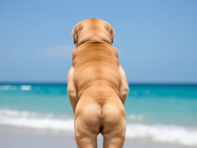 Anthropomorphic golden retriever with a sleek, shiny coat, wearing a form-fitting swimsuit that highlights her pronounced hips, set against a vibrant beach background
