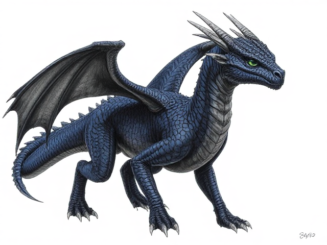 Young Female dragon with dark, midnight blue scales and obsidian black wings; obsidian black underbelly and clawed feet. She has small spikes that align from her head horns down to her back jaw. Her eyes are venom green. Narrow, beautiful face and an elegantly long neck. Has ears like a horse. Powerfully and dominantly built with taut muscles under her scales. She moves purposefully and proudly; has an expression of maturity and seriousness in her face