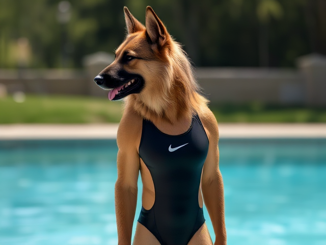 A tall and lean anthropomorphic long haired German shepherd with a long torso and broad shoulders wearing a high cut Nike one piece swimsuit and swimming goggles