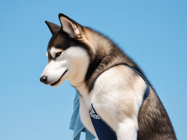 A tall anthropomorphic Siberian husky wearing an adidas swimsuit drying off with a towel