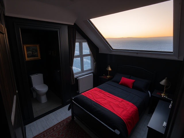 A top floor small bedroom in a mansion house with a bathroom with a toilet tub in it black walls a casket bed with black and red covers