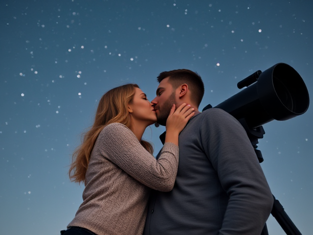 Show an image of a blonde 40 year old woman kissing a taller man beside a telescope with stars overhead