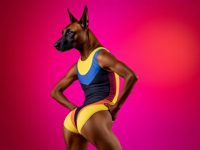 Belgian Malinois wearing a colorful gymnastics leotard, focusing on its athletic and sleek hips, in an elegant pose with a vibrant background
