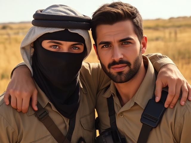 Two men, military clothing, tan, Arab, one with violet eyes and with dark brown eyes, mask covering their face, arm over each others shoulders, sunny and grassy background