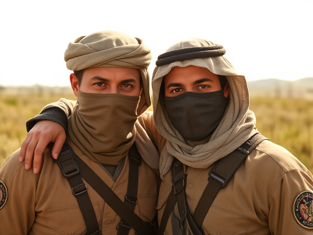 Two men, military clothing, tan, Arab, one with violet eyes and with dark brown eyes, mask covering their face, arm over each others shoulders, sunny and grassy background