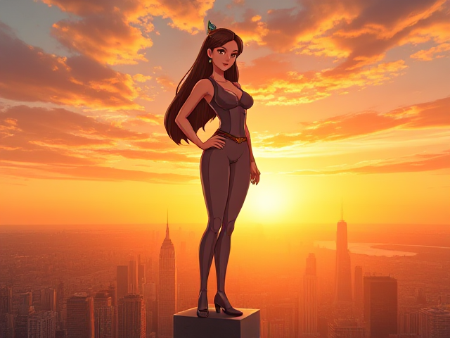 15-year-old powerful woman, standing tall and majestic, towering above the intricate and bustling cityscape below, 100000000000000000 feet tall with a confident and commanding presence, eyes gleaming with determination, modern pose that signifies strength and empowerment, vibrant sunset sky casting a dramatic glow around her figure