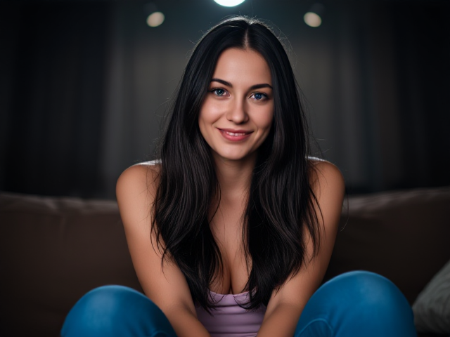 A tall woman 30 years old long black hair blue eyes sitting on the couch smiling at the camera