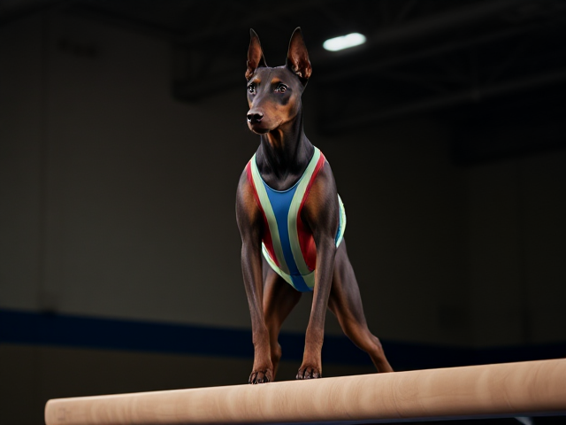 Anthropomorphic Doberman performing gymnastics on a balance beam, wearing a colorful leotard, focused expression, dynamic pose, indoor gym setting, dramatic lighting
