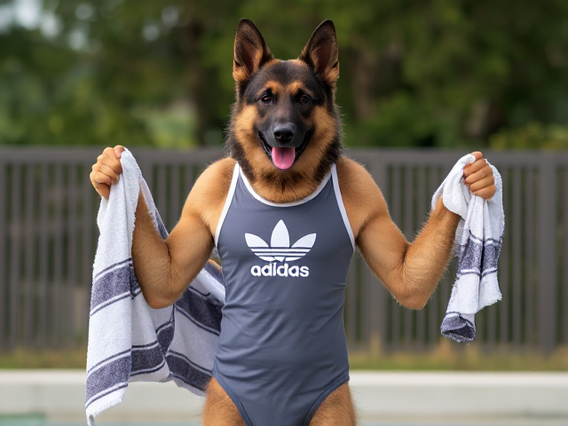 A tall anthropomorphic German shepherd wearing an adidas swimsuit drying off with a towel
