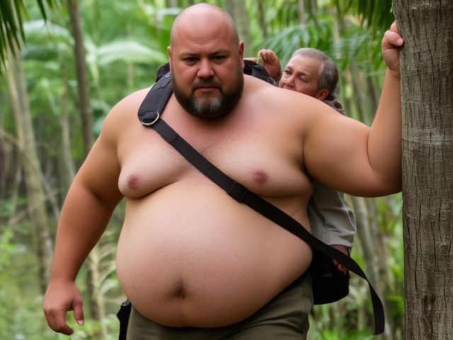 This is a strong, middle-aged man with a stocky, muscular build. He he is tanner, and has a bald head with some light stubble and a rough, rugged look. His chest and large, round belly have sparse hair, just a little across his chest and stomach. His round belly protrudes over his waist, slightly sagging but firm, giving him a powerful but slightly heavy appearance. He’s shirtless, with a tight sleeveless shirt having been replaced by just his bare upper body. His muscular arms and broad shoulders are well-defined, and he's wearing rugged work pants that fit snugly around his waist. He looks tired but focused, resting his large hand on a tree for support. The man is carrying an old Jedi, much smaller in size, in a backpack strapped to his back, as they train together in a swampy jungle. The man's expression shows exhaustion from a long run, but he remains attentive to the Jedi master, determined to complete his training despite the fatigue.