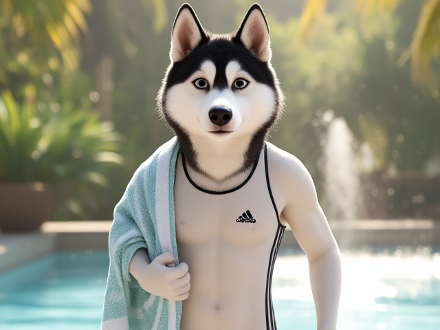 A tall anthropomorphic Siberian husky wearing a adidas swimsuit drying off with a towel 27826409
