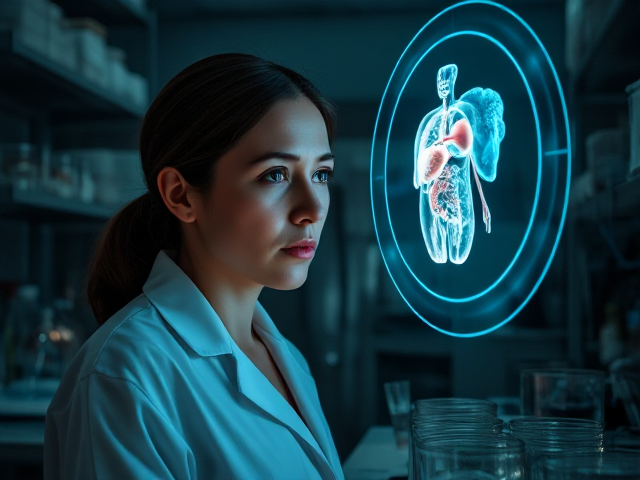 Regenerative Medicine: a scientist in a dimly lit laboratory, surrounded by petri dishes and advanced bioreactors. Her face is touched with sadness as she looks at a holographic projection of a human organ regenerating. The background features shelves filled with scientific equipment and soft, ambient lighting casting gentle shadows. The scene is captured from a slightly elevated angle, giving an overview of the lab's intricate setup. The style is hyper-realistic with meticulous attention to detail, emphasizing the emotional weight of her expression.