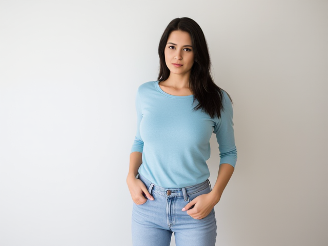 Thin and beautiful dark haired Brunette wearing a light blue long sleeve t shirt and light blue jeans