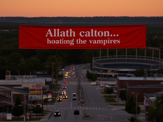 A small suburban town with a red banner with welcome to Gailston south Carolina home of the vampires written on it in white, and a minor league baseball stadium