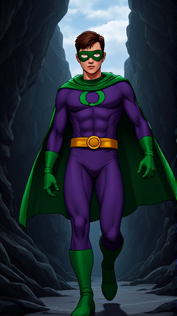 Dramatic Comic book scene: A young, Autistic 25-year old boy with light skin and flat, smooth, and slick brown hair with a singular curled bang in the shape of a P sticking out at the front named T.J. Granger, but transformed into a genetically-altered superhero named Powerman, who, despite still being a young adult kid, has an extremely muscular body. He wears a sleek purple bodysuit with a green P symbol on his chest, a golden belt with a circular buckle, green briefs, green boots, green long-cuffed gloves, a really big, toe-length long, ultra-wide green cape wreathed around his neck, and a green eye mask that protects his true identity and also causes his pupils to magically disappear as his eyes glow an eerie white. He also has incredible and invincible superpowers flowing through his veins. In this scene, Powerman is currently walking through a dark cavern, searching for a lost citizen that has been kidnapped.