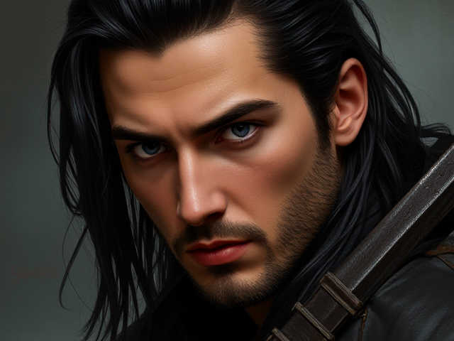 Generate an image/portrait of my a warhammer rpg character. He is a human, 25 years old, has long, black, bit greasy slicked back hair with a bit of unkept look. His eyes are pale grey. He is a hunter.