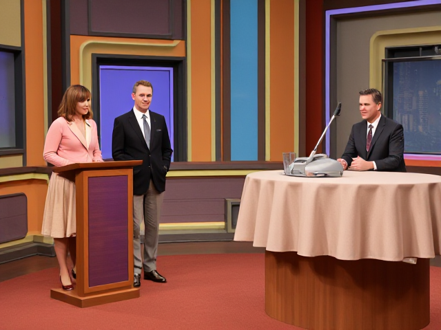 A game show studio with a host and two contestants. the contestants are standing at a small lectern and the host is to their right sitting at a high table. there is a high table covered with a cloths with a vacuum cleaner sitting on top. the studio set is decorated with a retro 70's and 80's aesthetic, colorful retro.